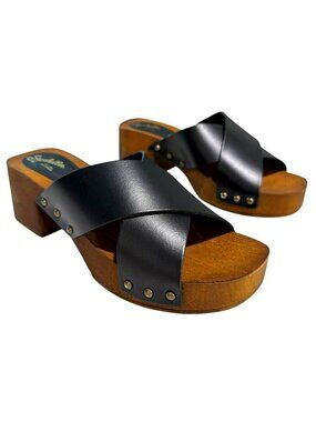 Seychelles Black Leather Wooden Platform Sandals  Made In Italy Size 8 New
